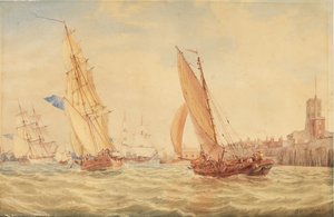 Drie oorlogssloepen en een vissersboot die de haven van Portsmouth binnenvaren, c.1800-30